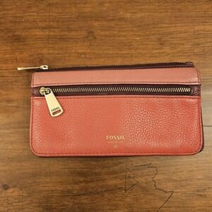 Fossil Preston Snap Bi-fold Pebbled Leather Wallet Pink Purple Card Slots Zipper